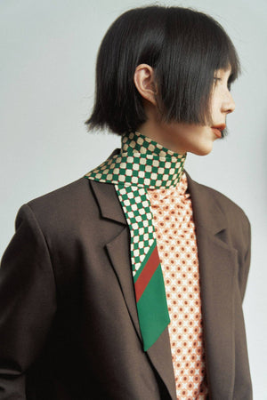 “Checkerboard” Silk Skinny Scarf - Green