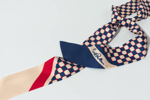 “Checkerboard” Silk Skinny Scarf - Blue