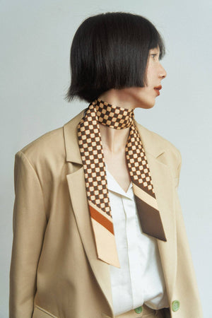 “Checkerboard” Silk Skinny Scarf - Coffee