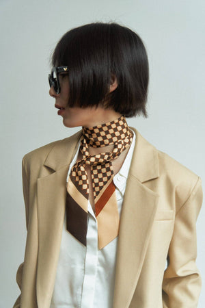 “Checkerboard” Silk Skinny Scarf - Coffee