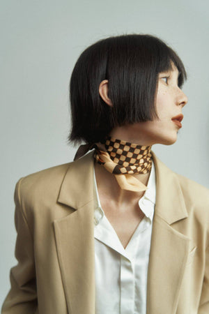 “Checkerboard” Silk Skinny Scarf - Coffee