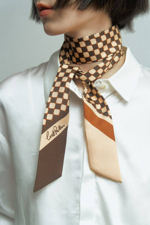 “Checkerboard” Silk Skinny Scarf - Coffee